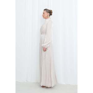 Puane Women's Modern Modest Satin Textured Pleated Long Sleeve Evening Dress - Elegant Beige Abaya Gown for Special Occasions - Product Image 2