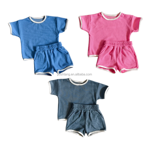 Summer Baby Boys Girls Striped Waffle Short Sleeve Top Shorts Contrast Color <strong>Kids</strong> Daily Two Piece Set - Product Image 5