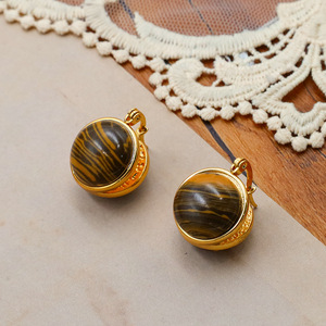 Vintage Natural Tiger Eye Stud Earrings Gold <b>Round</b> Bezel Setting Stainless Steel <b>Post</b> - Product Image 2