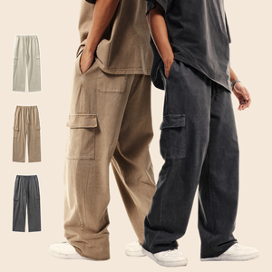 Nouveau luxe lavé jambes larges plis <span class=keywords><strong>Cargo</strong></span> pantalon personnalisé coton Vintage lavé Baggy hommes pantalons - Product Image 1