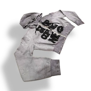 Custom Heavy Zipper Cotton Thick French Acid Wash Hoodies Sweatshirt Distress Embroidery Patch <b>Cropped</b> <b>Zip</b> <b>up</b> Hoodie Women - Product Image 2