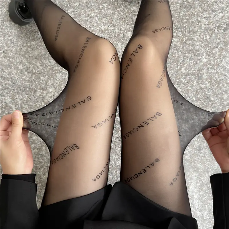 Custom logo fashion sexy thin silk letter printed pantyhose tights for women