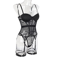 Ensemble de lingerie sexy pour femmes, 2 pièces, vêtements féminins, ceinture à jarretelles en maille transparente, costumes sexy exotiques