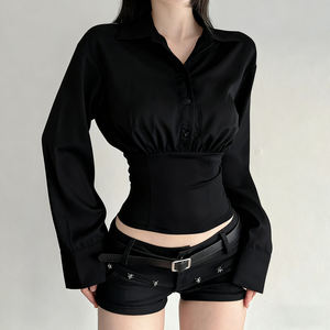 Blusa de Satén para Mujer, Diseño Fruncido en la Cintura, Camisa Elegante de Oficina Estilo Francés, Manga Larga, Cierre de Botones - Product Image 4