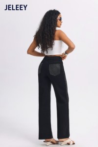 Nouveau jean taille haute à jambes larges amincissant avec strass scintillants - Noir élégant et sophistiqué - Product Image 4