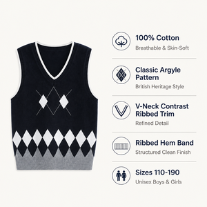 <span class=keywords><strong>Gilet</strong></span> en tricot Argyle pour enfants, col en V, 100% coton, uniforme scolaire, style Dark Academia, garçons, filles, unisexe, 110-190, OEM personnalisé - Product Image 5