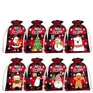 Wholesale Custom Logo Linen Pouch Check Candy Christmas Cotton Drawstring Bag for Gift