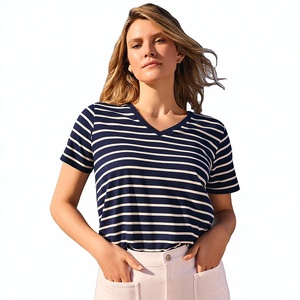 Camisetas de Verano a Rayas para Mujer, Cuello en V, Espalda en U, Manga Corta, 100% Algodón, Secado Rápido, Transpirables, Venta al Por Mayor de Fábrica, OEM, Personalizadas - Product Image 5