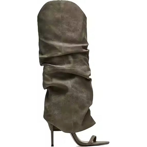 High Quality Women's Shoes Elegant Women's Pleated Upper Sandals Shoes Round Toe Stiletto Heels Over-the-Knee Boots Long <b>Booties</b> - Product Image 4