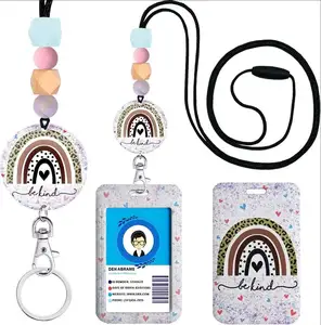 Boho Cute Silicone Bead Lanyard Fashion Custom Macrame Rainbow Disc Necklace Lanyards With ID Card Badge Holder