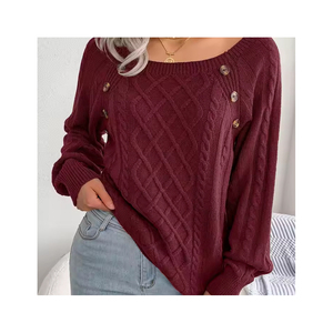 Élégant col carré boutons à manches longues pull tricoté doux extensible décontracté femmes à la mode confortable chaud pull haut - Product Image 6