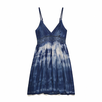 Robe à bretelles spaghetti en viscose bleue tie-dye pour femme, certifiée GOTS et OEKO-TEX, HuaYi |   Robe d'été à taille empire, coupe trapèze, avec lacets