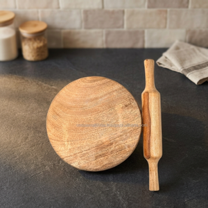 Handcrafted Natural Mango Wood Chakla Belan Set Smooth Finish <b>Rolling</b> <b>Pin</b> Pastry Board For Home Cooking Kitchen Cookware Sets - Product Image 1