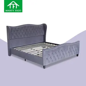 Cama de veludo personalizada de fábrica, cama com plataforma de veludo do do tamanho de queen king, estofado moderno, quadro de cama king