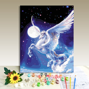ภาพวาดระบายสีตามตัวเลข DIY ลายพระจันทร์ เพกาซัส ยูนิคอร์น ท้องฟ้าเต็มไปด้วยดวงดาว แฟนตาซี ภาพพิมพ์บนผ้าใบตกแต่งผนังบ้านสไตล์โมเดิร์น - Product Image 1