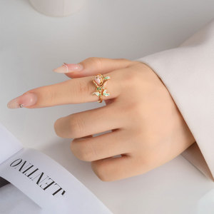 <b>Sweet</b> Elegant Rose Open Ring For Women Vintage Flower Design <b>Party</b> Jewelry Index Finger Ring Gold Tone Pink Enamel - Product Image 2