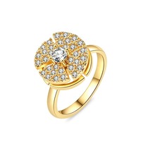 Anillo Abierto de Trébol Redondo con Pavé Completo de Circonitas Blancas Delicadas, de Latón Bañado en Tono Dorado, Giratorio Antiestrés, Nueva Joyería con Encanto para Uso Diario