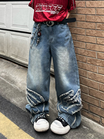 Jeans brodés avec patchs, effet délavé, vintage, baggy, à jambes larges, amples, en denim, pour hommes, streetwear