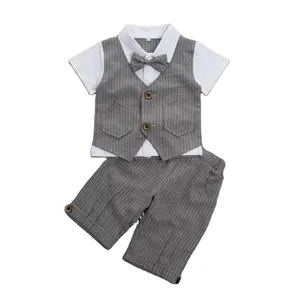 Wholesale Infant Children's Summer Wear New Boys' Gentleman Short Sleeve Two Piece Pants Suit Kids Bow Shirt and Shorts Suit