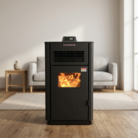 Poêle à granulés et bois à double usage, chauffage biomasse avec fenêtre d'observation de la flamme, télécommande, design français pour usage intérieur en hôtel