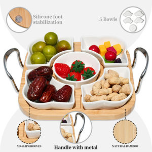 Plateau de service en bambou Plats de service à dessert Plateau à collation 5 assiettes amovibles en porcelaine blanche avec plateau en bambou - Product Image 5
