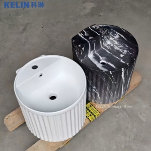 Nổi sọc hình bầu dục tường treo gốm rửa lưu vực với mô hình bằng đá cẩm thạch nổi hình elip cột nghệ thuật chìm cho phòng tắm - Product Image 2