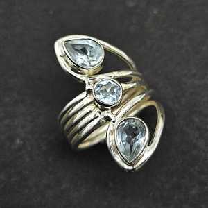 Bague en argent aigue-marine naturelle Pierres précieuses aigue-marine Statement925 Bague en argent massif Bague en argent à trois pierres pour les fiançailles des femmes - Product Image 1