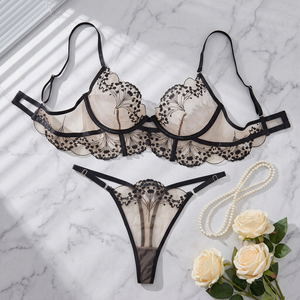 Black Embroidery Lingerie <b>Set</b> <b>Sexy</b> Sheer Mesh Underwire Bra and Thong Panties Women's See Through Lace Intimates 2 Piece - Product Image 1
