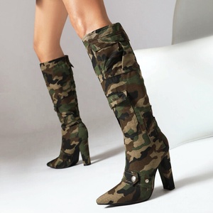 Big Size 47 Camouflage Women's Knee-high Chunky Heel Pockets Boots Pointed Toe on Wide Fit Long Booties Denim Fabric <b>Shoes</b> - Product Image 1