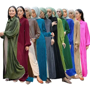 Ramadan Eid Mubarak Kimono Dubai Malaysia Islamic Kaftan Muslim Clothing Pleated Satin Front Button Open Abaya