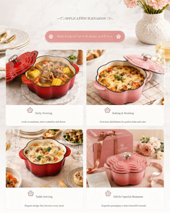 Encantadora Olla Holandesa de Hierro Fundido Esmaltado con Forma de Flor Estilo Cottagecore - Olla para Guisos en Tono Pastel Lavanda para Decoración de Cocina Rústica - Product Image 6