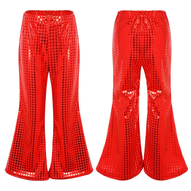 Pantaloni svasati per bambini ragazzi ragazze paillettes lucide pantaloni a campana elasticizzati in vita per pantaloni da spettacolo di danza moderna da discoteca Jazz