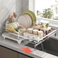 Égouttoir à vaisselle pliable en acier inoxydable grande capacité avec support à ustensiles, extensible, pour comptoir de cuisine