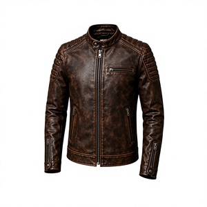 Veste moto en cuir d'agneau véritable marron pour homme, imperméable, respirante, col rond, coupe classique, style hiver, logo sur le devant - Product Image 4