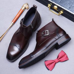 Men's Business Casual High Top Lace up Square Toe Leather Upper Patchwork Boots-Lightweight Anti-Slip Breathable Moto Work Boots - Product Image 5