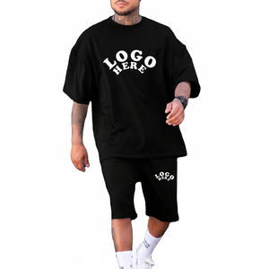 Camisetas de gran tamaño de color negro Dropshoulder, ropa de calle, camiseta con pantalones cortos a juego, conjuntos de camisetas y pantalones cortos, camiseta de nuevo estilo - Product Image 1