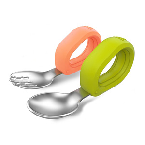 Juego de Cuchara y Tenedor de Acero Inoxidable para Bebé con Mango de Silicona Suave, Libre de BPA, Utensilios de Entrenamiento para Niños Pequeños, <span class=keywords><strong>Cubiertos</strong></span> para la Primera Etapa de Alimentación - Product Image 1