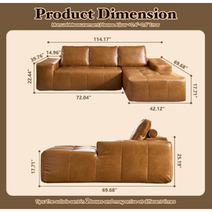 Canapé modulaire en forme de L, sectionnel, en similicuir marron, sans structure, avec chaise longue et assise profonde, style villa moderne, écologique, effet nuage - Product Image 3