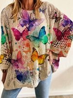 Sweater Rajut Wanita Motif Kupu-kupu Cerah 2026 Oversized Kerah Bulat Jaring Pointelle 100% Poliester Atasan Boho Berlubang