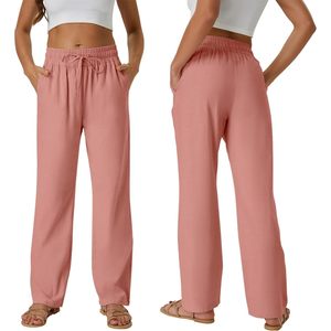FOXA Pantalones de lino para mujer, cintura alta, con cordón, corte holgado, pierna recta, pantalones de verano con bolsillos laterales, transpirables - Product Image 4