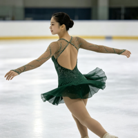 Robe de patinage artistique vert foncé, col en V, manches longues en maille, dos ouvert croisé, jupe courte ornée de strass pour adultes et enfants
