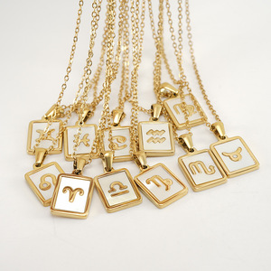 Simpele 12 astrologische, niet-aanslaande 18K vergulde roestvrijstalen vierkante schelp hanger met dierenriemtekens, sieraden accessoires - Product Image 1