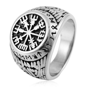 yunnique Viking Punk Men's <b>Titanium</b> Steel <b>Ring</b> Two-Tone Steel Compass Pattern Geometric Design Gift Jewelry - Product Image 4