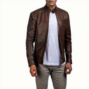 <b>Mens</b> Real Brown Leather <b>Jacket</b> Stand Collar Zip Chest Pocket Sheepskin Dark Biker Coat Distressed Custom Vintage Winter Outer - Product Image 1