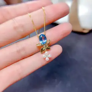 Natural Swiss Blue Topaz Butterfly Pendant Bowknot Necklace Pearl S925 Sterling Silver 18K Gold Plated 6*8mm Gemstone Jewelry