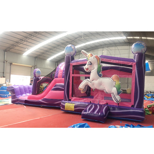 Structure gonflable commerciale licorne arc-en-ciel rose et violette avec toboggan pour fêtes d'enfants et locations - Product Image 3