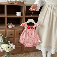 Baju Bayi 2026 Model Tipis Musim Panas, Bodysuit Bayi Perempuan Motif Bunga Merah, Manis & Lucu, Tanpa Lengan, Romper Bayi