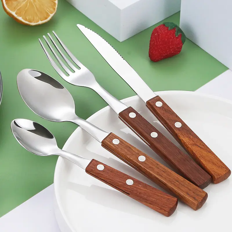 JHCR4W Rosewood Handle Stainless Steel Cutlery 2 Spoons Fork Steak Knife Vintage Stainless Steel Cutlery Set Canteen Use