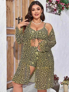 4Colors Plus Size Swimwear Women 3Pieces Swimsuit Boyleg Short Bikini Set Long Sleeve <strong>Kimono</strong> Two Pieces Bathing Suit L-5XL - Product Image 2