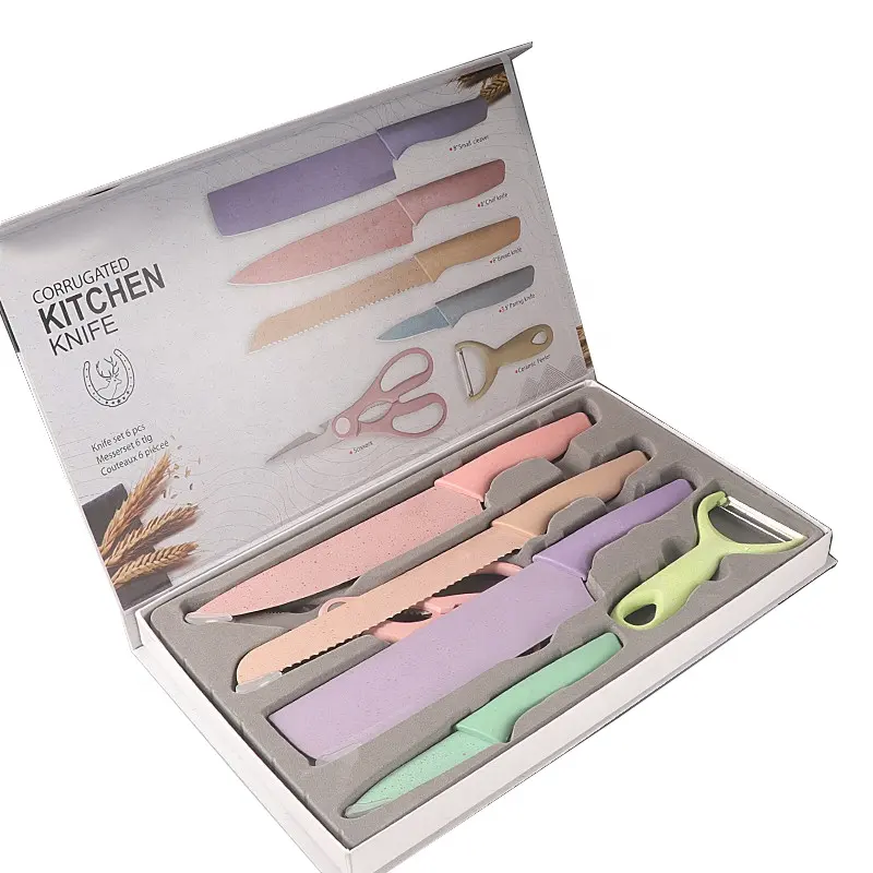 Wheat Straw Pastel Color Kitchen Knives 6 Pieces Stainless Steel Ceramic Kitchen Knife Set Shears Fruit Carving Knife Set